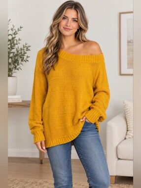 Hollister Off-the-Shoulder Cozy Cable Knit Mustard Sweater Size Large